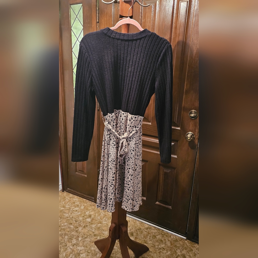 Black Knit Top with Cream Floral Skirt Dress